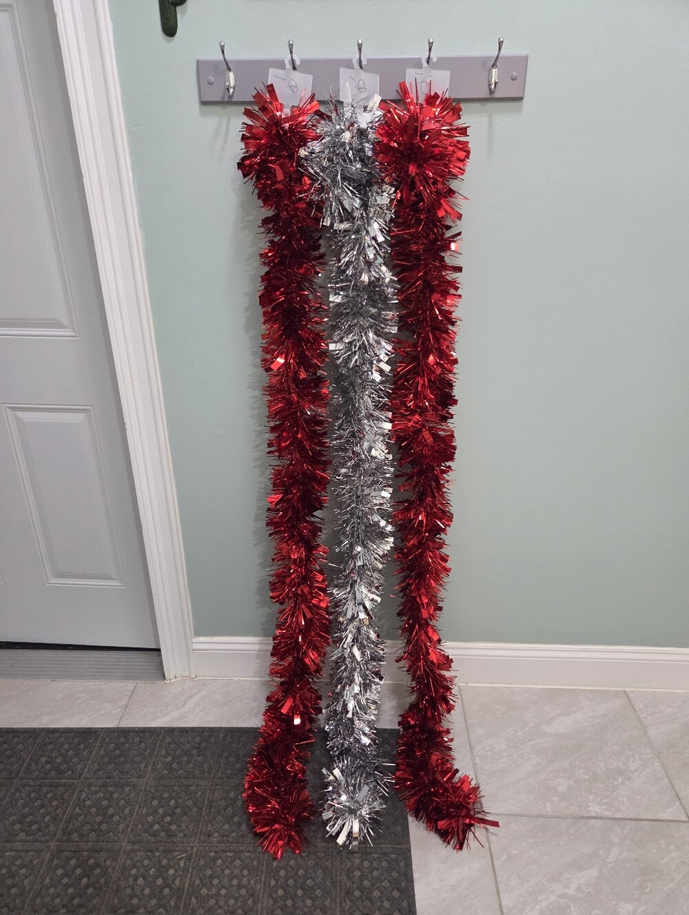 Christmas Tinsel Garland Lot - 2 Red, 1 Silver Metallic Holiday Decor 68", NEW